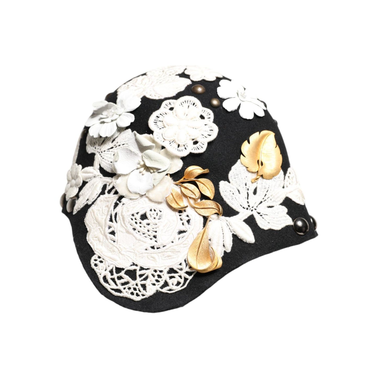 Dolce & Gabbana Black Wool White Floral Gold Leaf Cloche Hat HAT9649