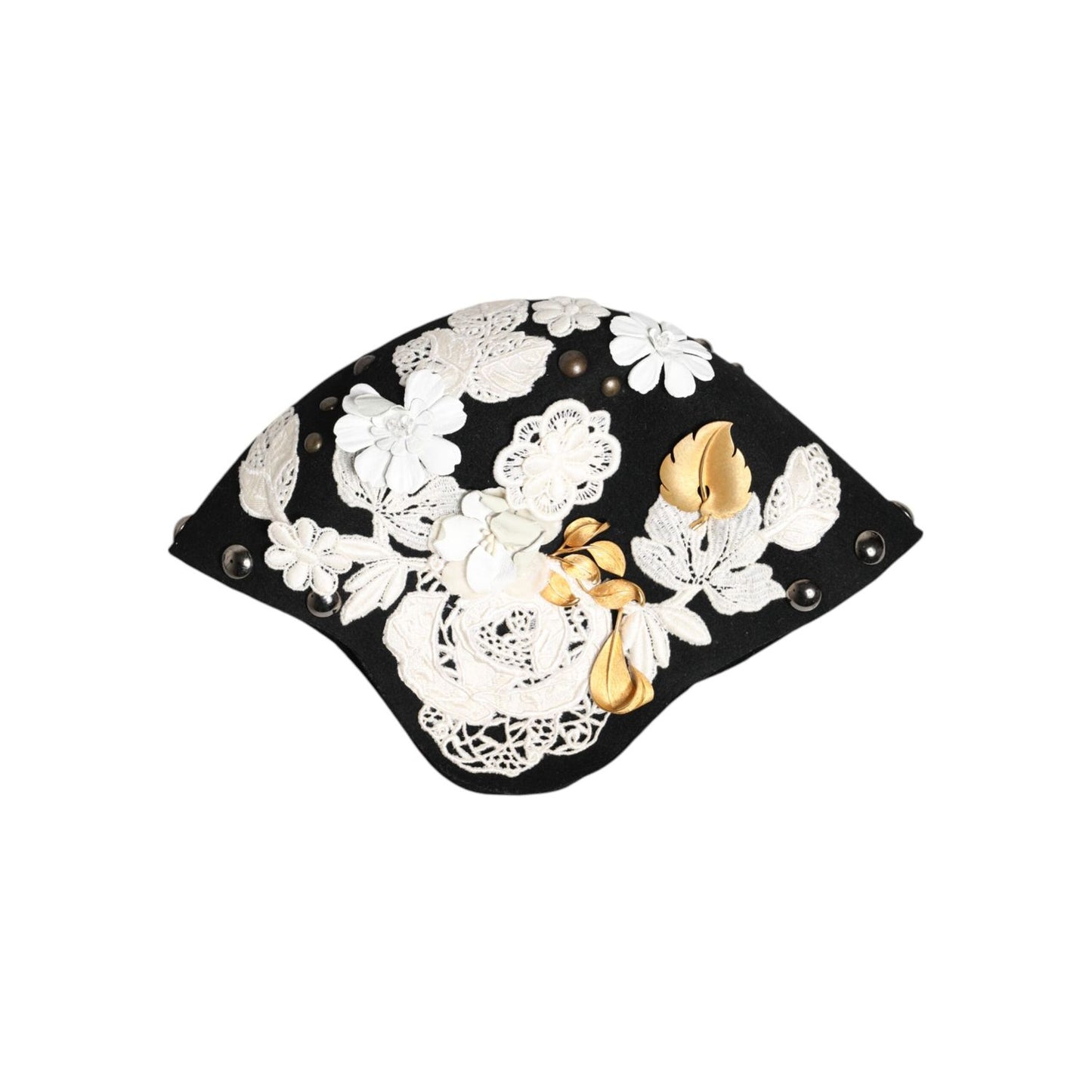 Dolce & Gabbana Black Wool White Floral Gold Leaf Cloche Hat HAT9649