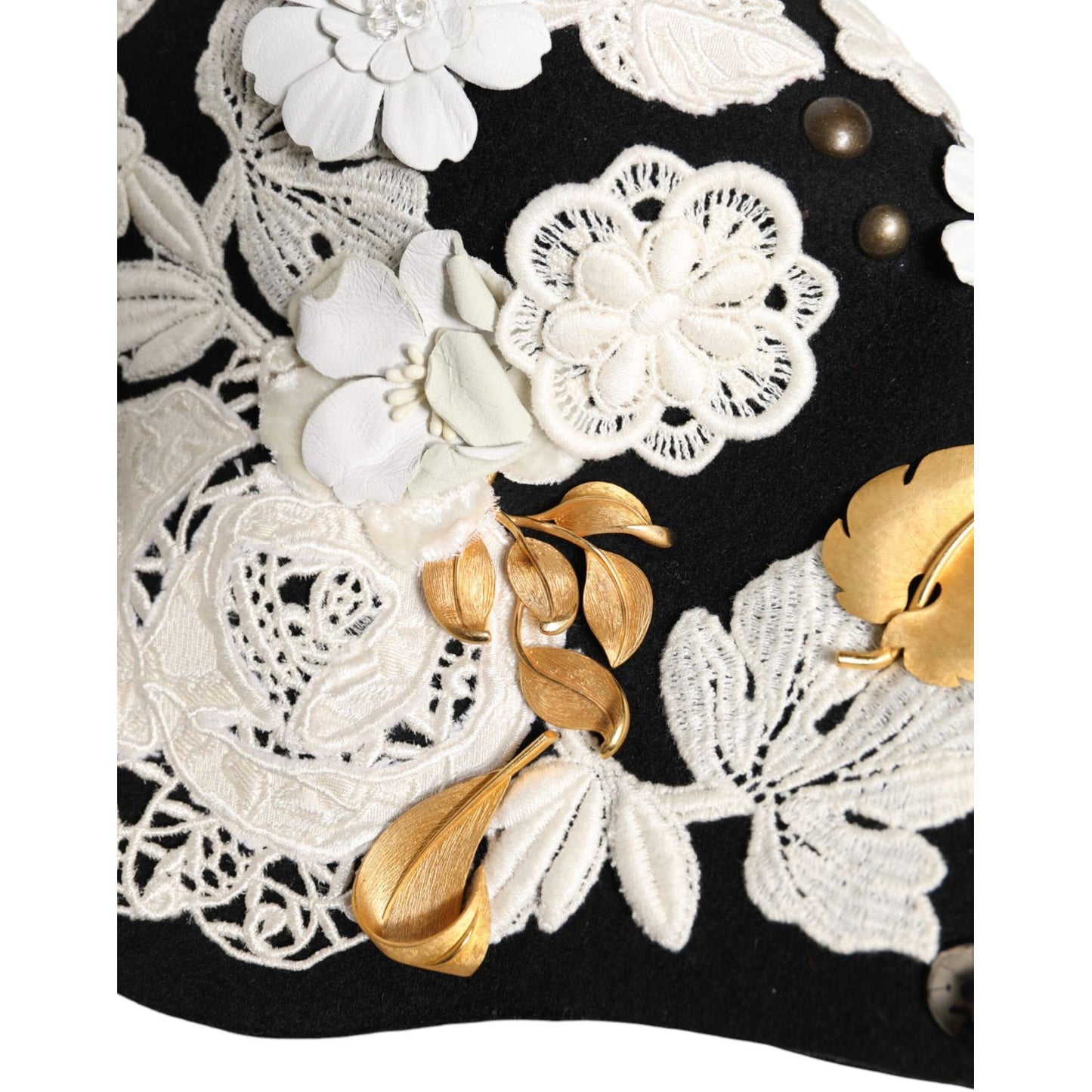 Dolce & Gabbana Black Wool White Floral Gold Leaf Cloche Hat HAT9649