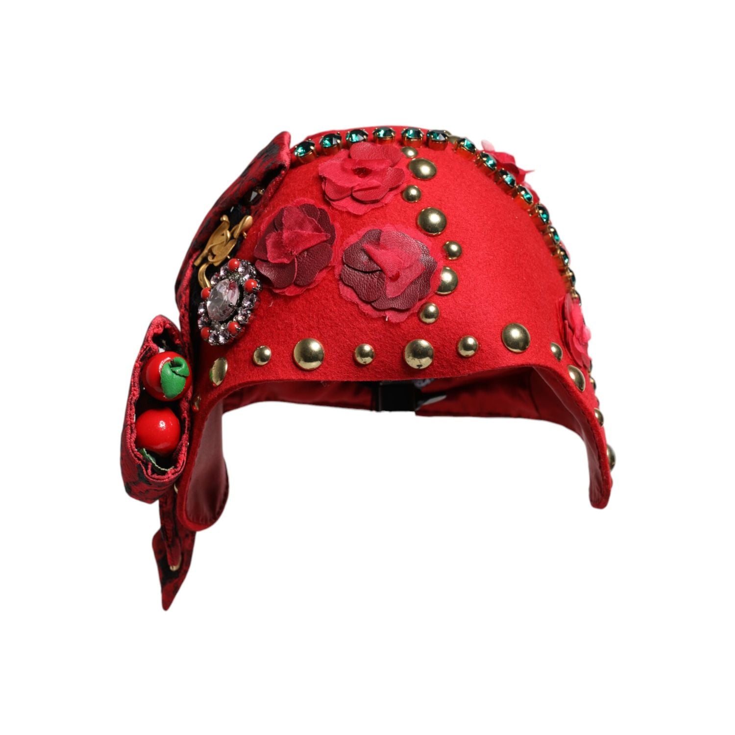 Dolce & Gabbana Red Crystal Gold Roses Brooch Embellished Hat