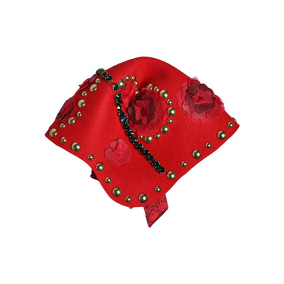 Dolce & Gabbana Red Crystal Gold Roses Brooch Embellished Hat