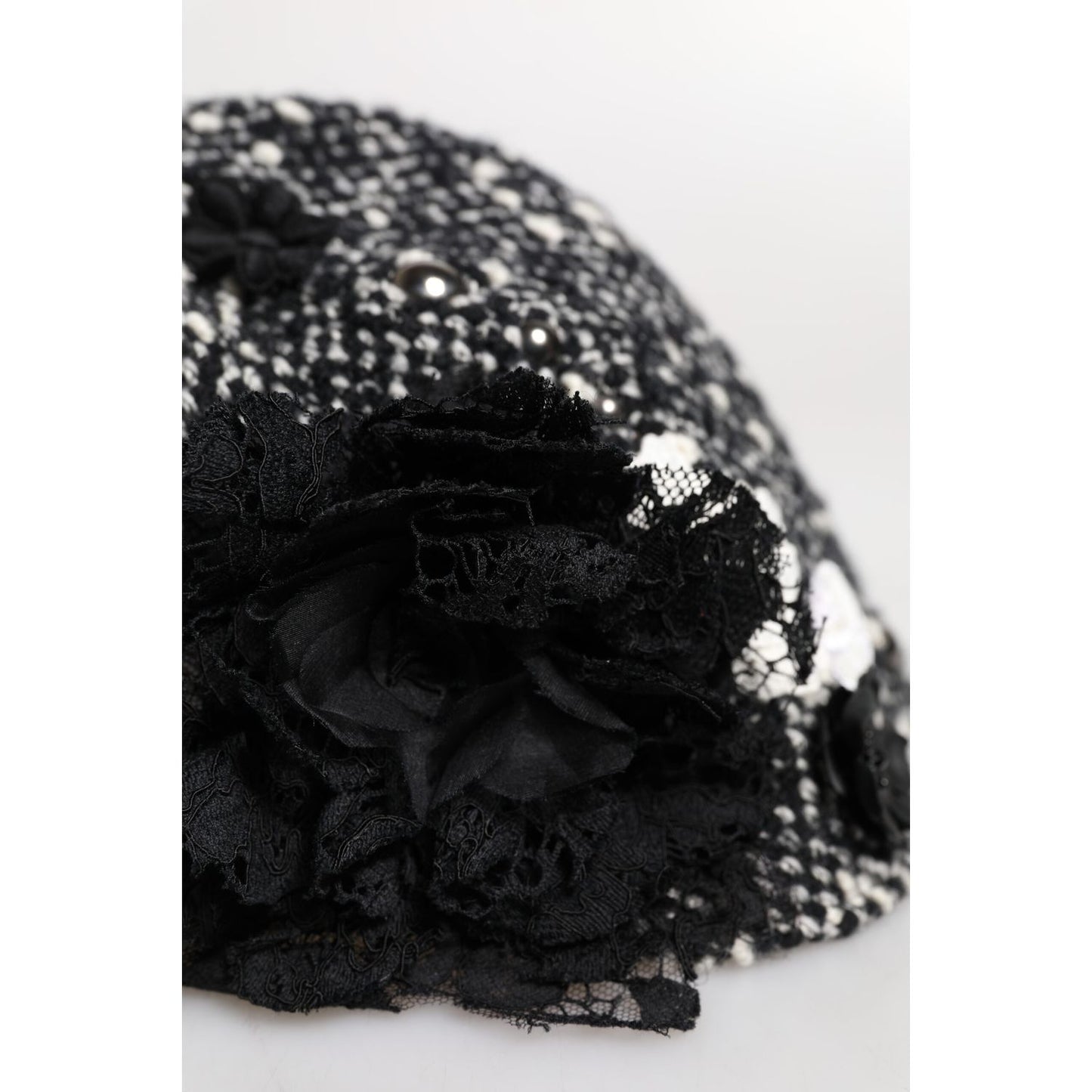 Dolce & Gabbana Black Wool White Floral Embellished Cloche Hat HAT9671
