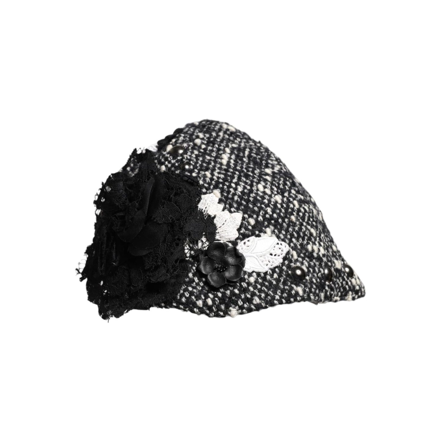Dolce & Gabbana Black Wool White Floral Embellished Cloche Hat HAT9672
