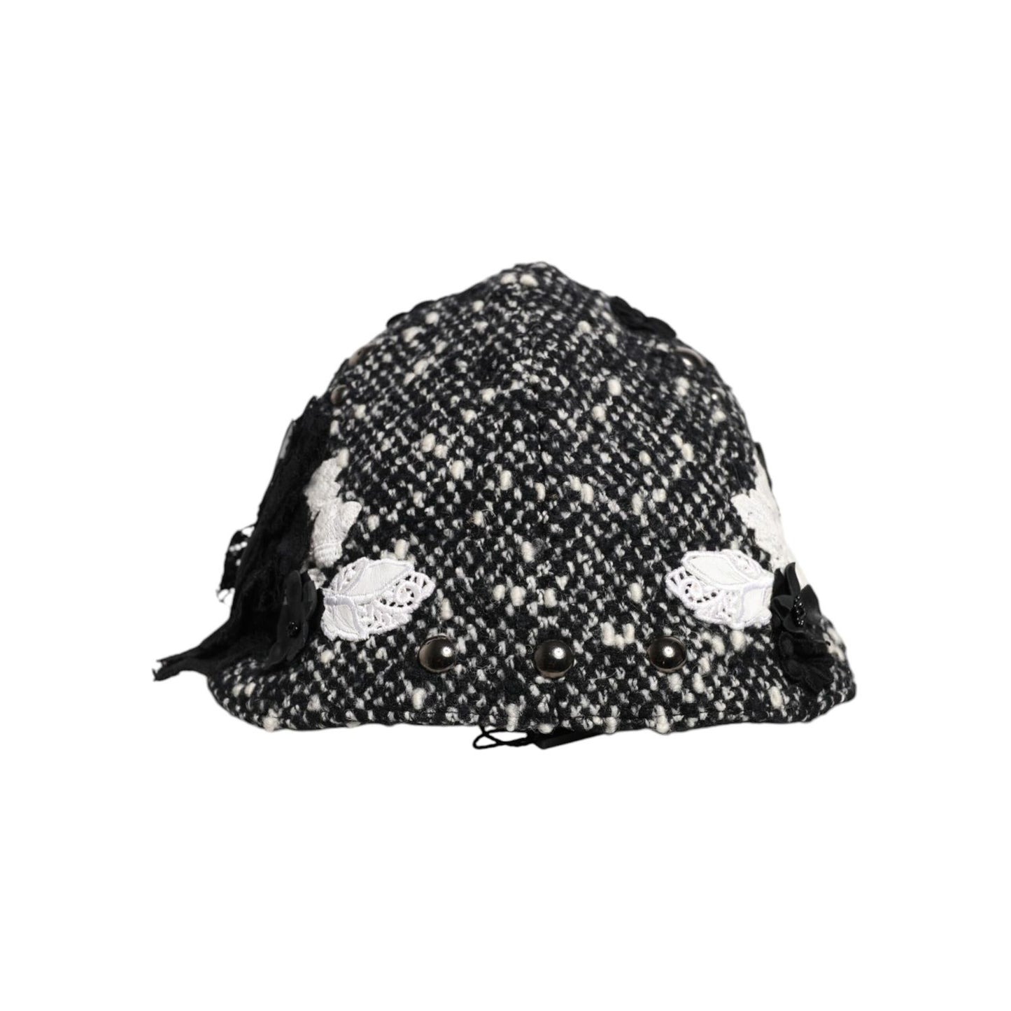 Dolce & Gabbana Black Wool White Floral Embellished Cloche Hat HAT9672