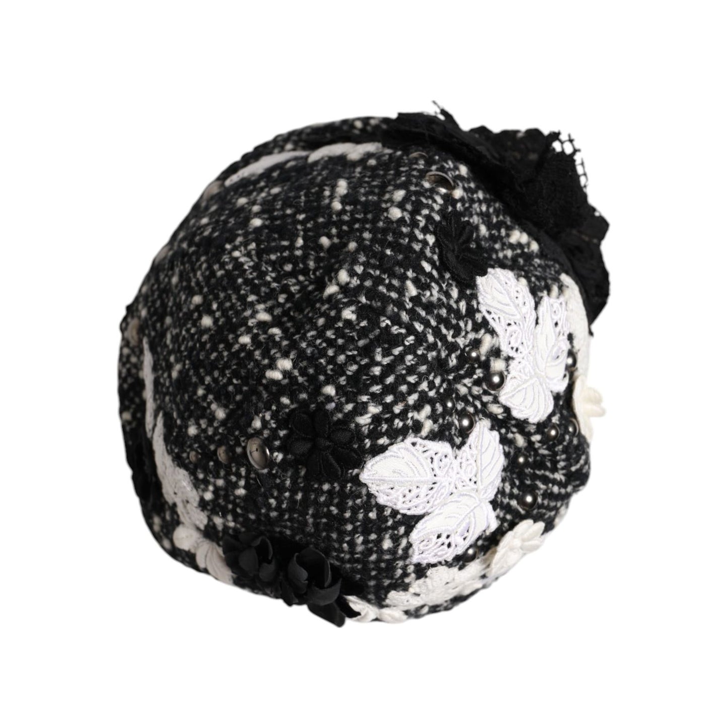 Dolce & Gabbana Black Wool White Floral Embellished Cloche Hat HAT9672