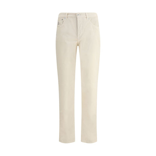 Brunello Cucinelli Corduroy Pants featuring elegant cotton fabric with a five-pocket design and logoed leather patch for sophistication.