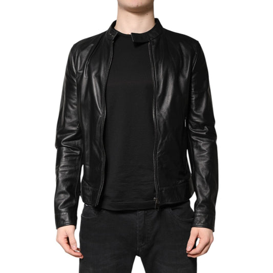 Dolce & Gabbana Black Sheep Leather Biker Full Zip Jacket JKT3718-44
