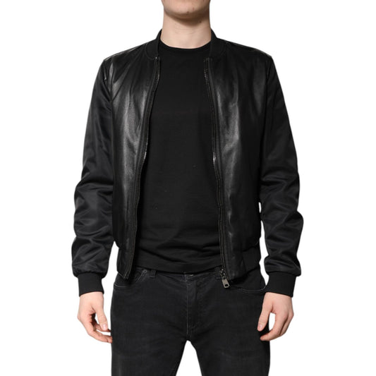 Dolce & Gabbana Black Lambskin Leather Biker Full Zip Jacket JKT4137-48