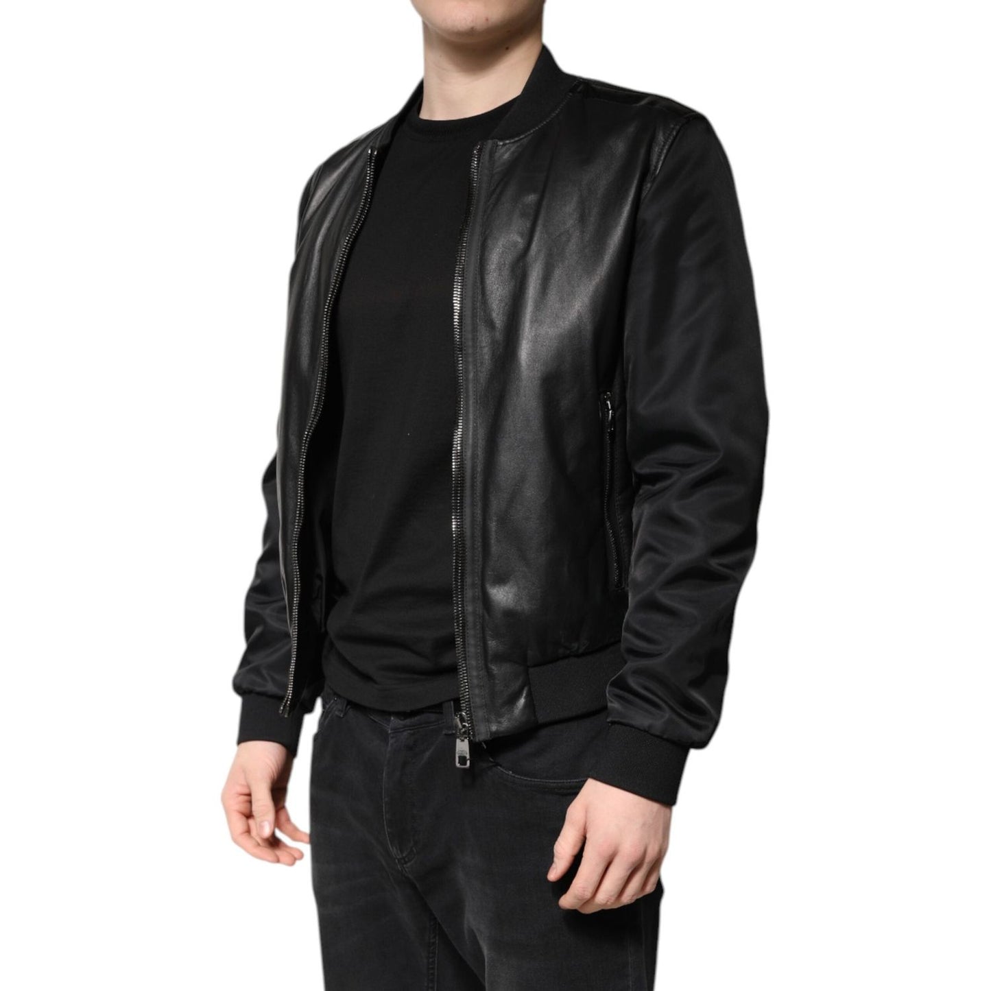 Dolce & Gabbana Black Lambskin Leather Biker Full Zip Jacket JKT4137-48