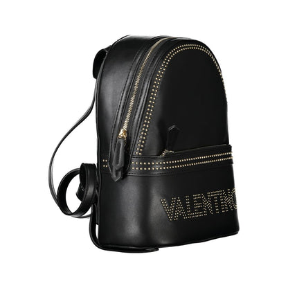 Mario Valentino Black Polyethylene Women Backpack with gold studs, featuring external and internal pockets for organized storage.