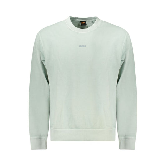 Hugo Boss Green Cotton Men Sweater, crew neck, featuring brushed texture and iconic logo, perfect for casual sophistication. Color: Green.