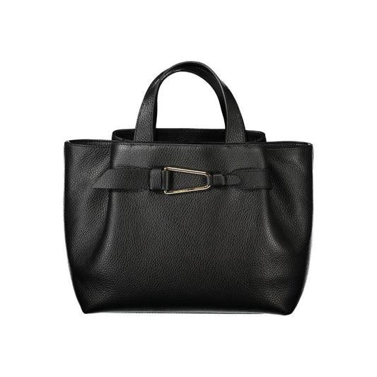 Coccinelle Black Leather Women Handbag with structured silhouette and gold buckle detail.