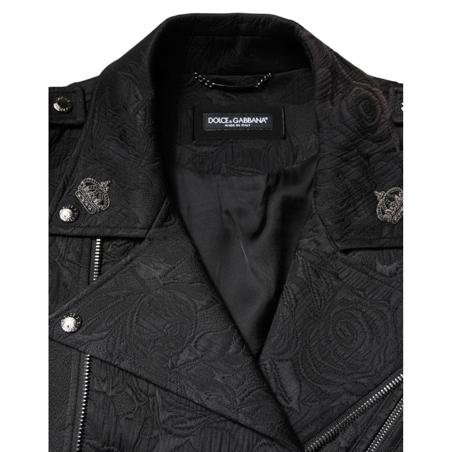 Dolce & Gabbana Black Brocade Cotton Full Zip Biker Jacket