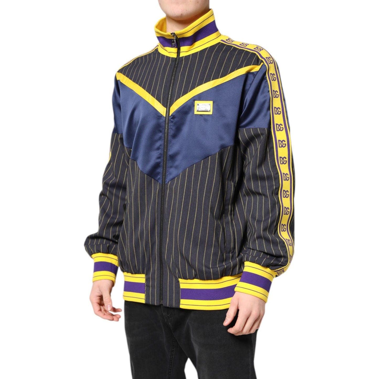 Dolce & Gabbana Black Striped Logo Full Zip Bomber Jacket