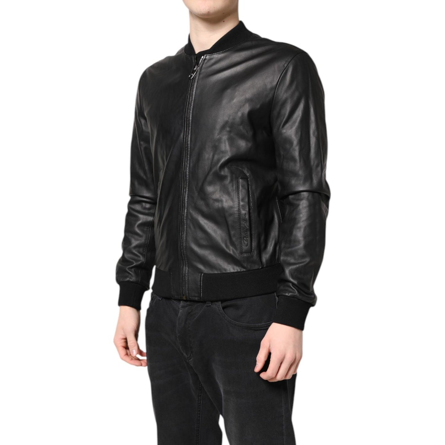 Dolce & Gabbana Black Lambskin Leather Full Zip Biker Jacket