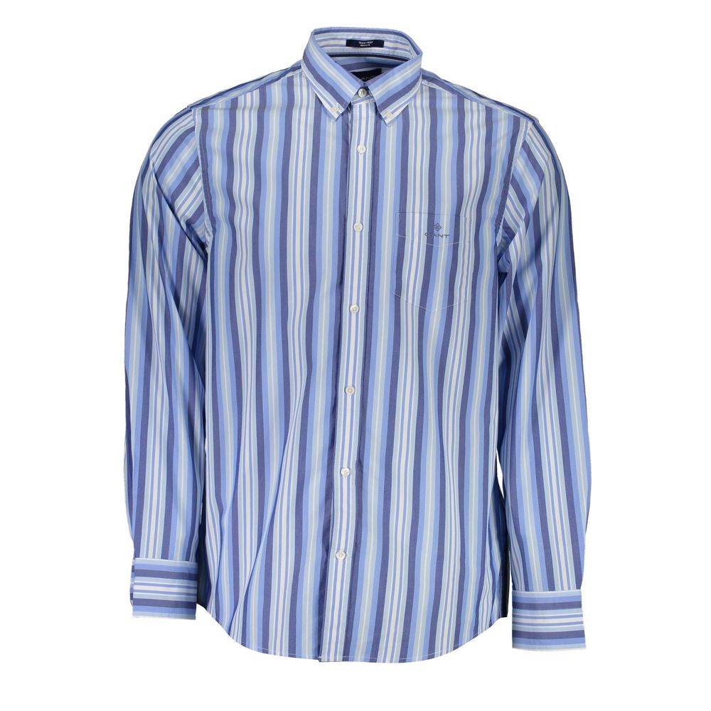 Gant Blue Cotton Men Shirt with stripes, button-down collar, and single pocket front view.