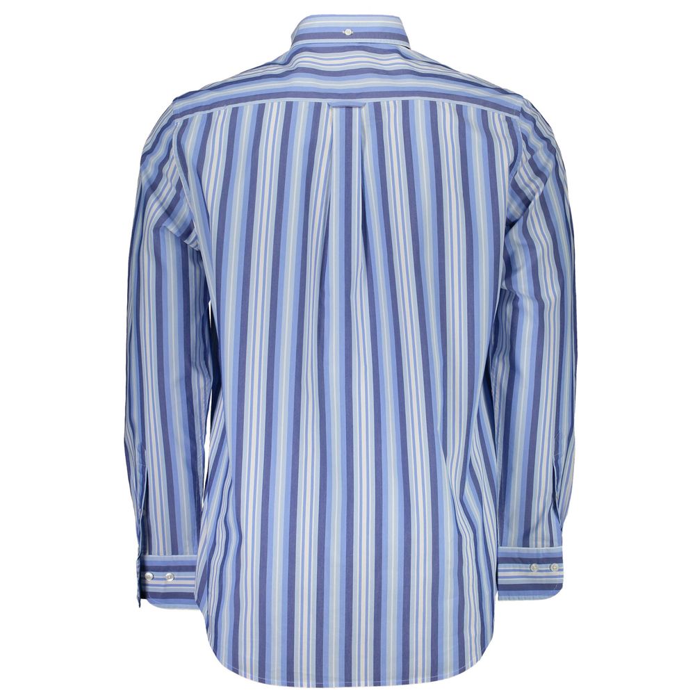Back view of Gant Blue Cotton Men Shirt with striped pattern and button-down collar, showcasing timeless style and comfort.
