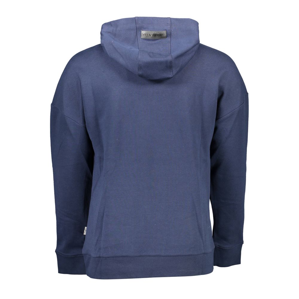 Back view of Plein Sport Blue Cotton Men Sweater showcasing hoodie and premium fabric quality.