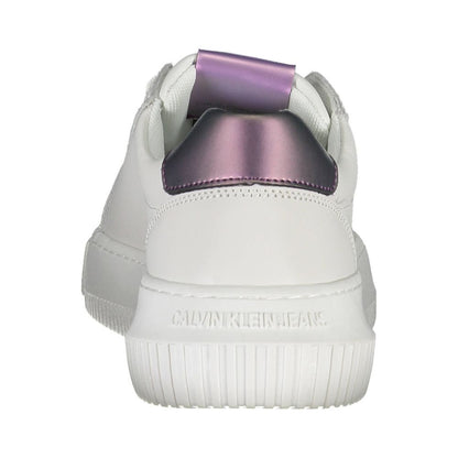 Calvin Klein White Leather Women Sneaker with a back view highlighting the contrasting purple detail and textured sole.