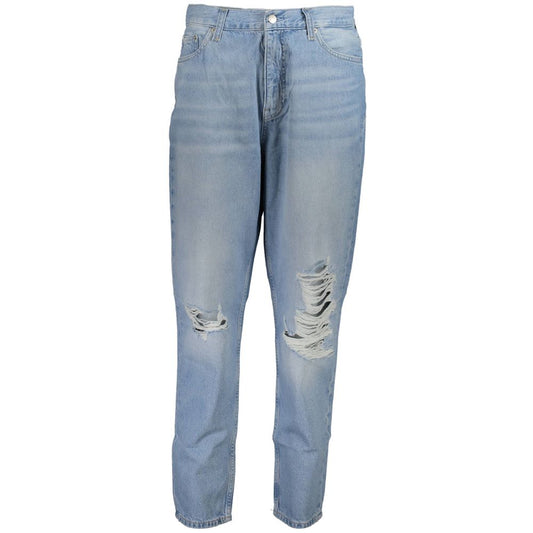 Calvin Klein Blue Cotton Women Jeans featuring a stylish washed effect, 5-pocket design, and distressed details.