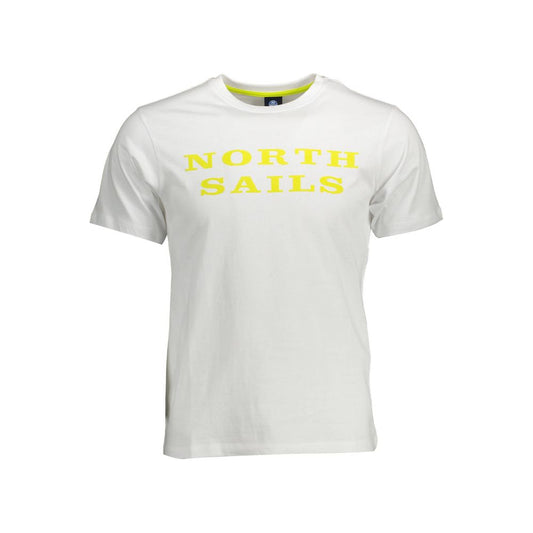 North Sails White Cotton Men T-Shirt with yellow logo print, crew neck design, showcasing casual sophistication and comfort.