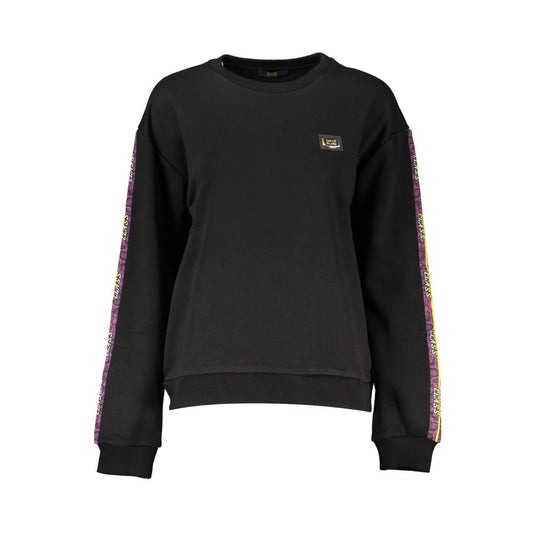 Cavalli Class Black Cotton Women Sweater with logo print, trendy crew neck, and colorful sleeve detail, ideal for chic fashion.