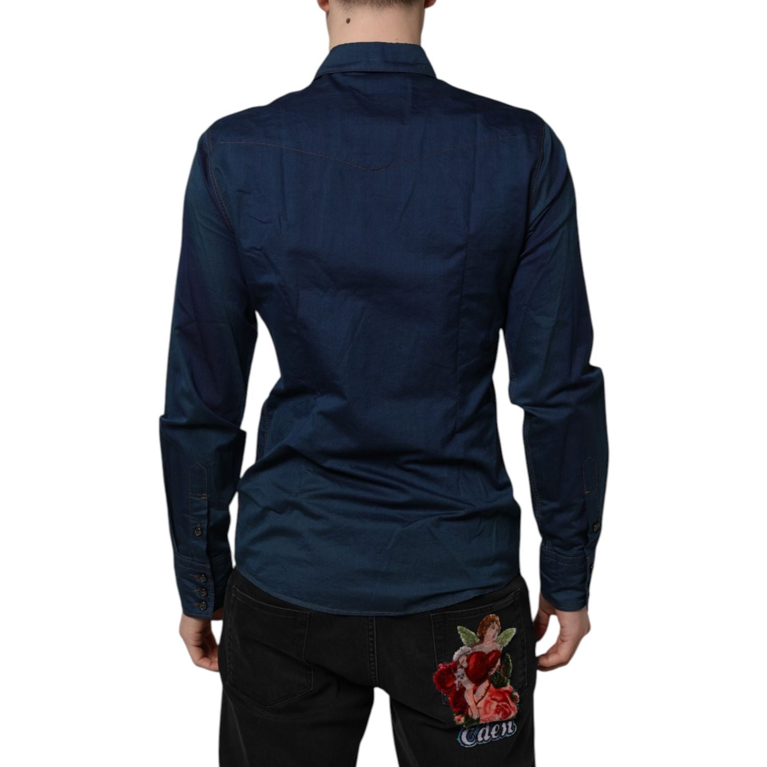 Dolce & Gabbana Blue Cotton GOLD Long Sleeves Casual Shirt