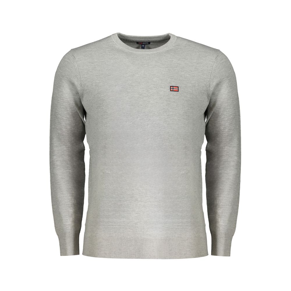 Gray long-sleeved crew neck sweater with logo embroidery.