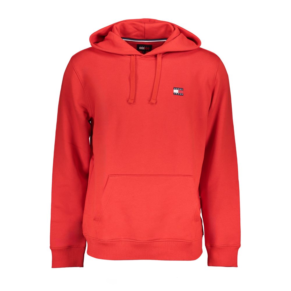 Tommy Hilfiger Red Cotton Men Sweater with logo and central pocket, hooded design in red fleece for streetwear style and comfort.