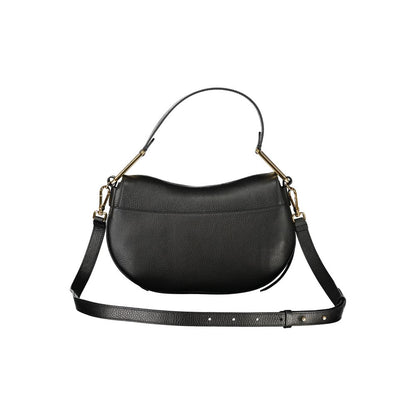 Coccinelle Black Leather Women Handbag with shoulder strap and distinctive logo on a white background