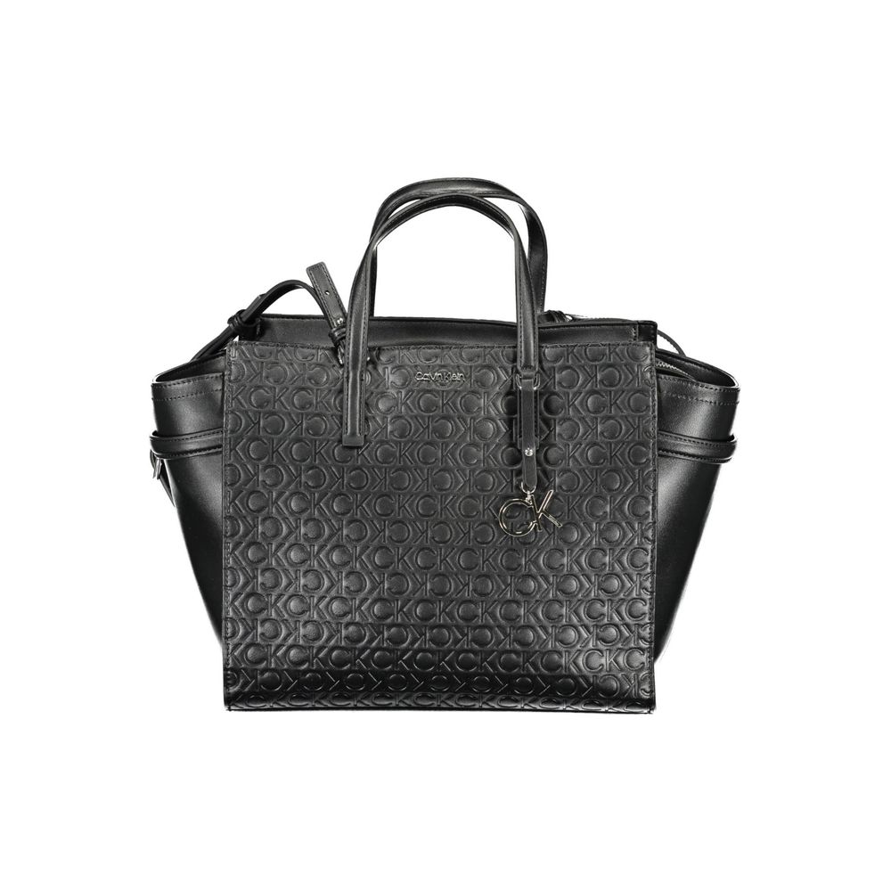 Calvin Klein Black Polyester Women Handbag with eco-friendly design, featuring adjustable shoulder strap and stylish embossed pattern.