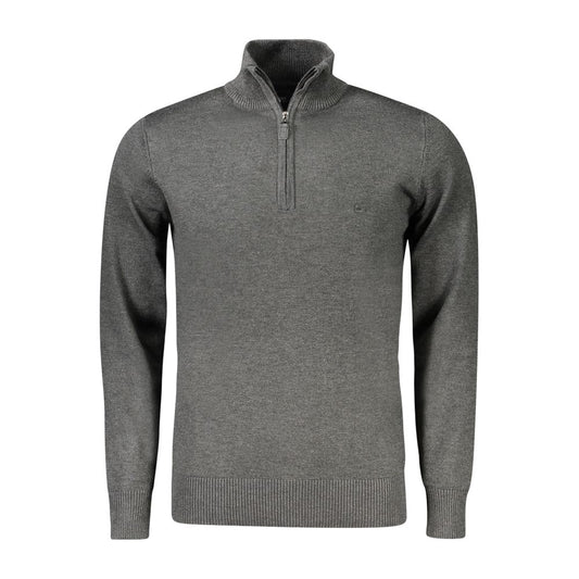 Coveri Moving Gray Viscose Men Sweater with half-zip and logo, stylish and elegant, perfect blend of nylon and viscose for warmth.