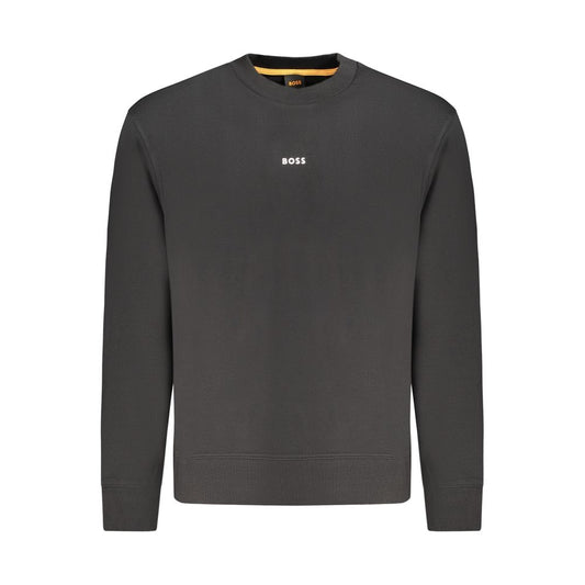 Hugo Boss Black Cotton Men Sweater with crew neck and brushed texture, featuring iconic logo for a refined, modern style statement.