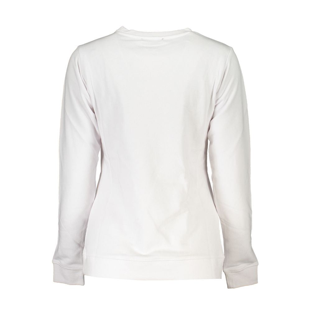 Back view of Cavalli Class White Cotton Women Sweater showing long sleeves and brushed fabric for casual luxury.