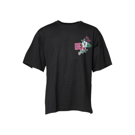 Dolce & Gabbana Black Cotton DG Floral Print Crewneck T-shirt TSH90344-48