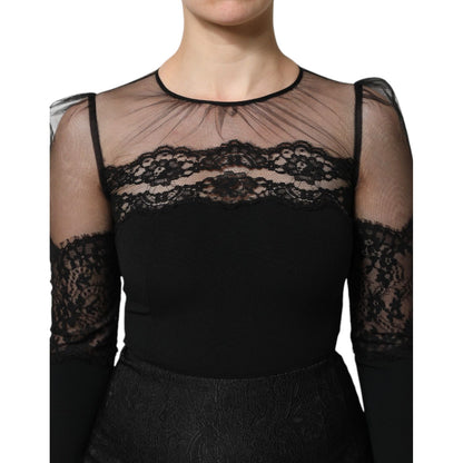 Dolce & Gabbana Black Lace Trim Nylon Tulle Sheath Midi Dress