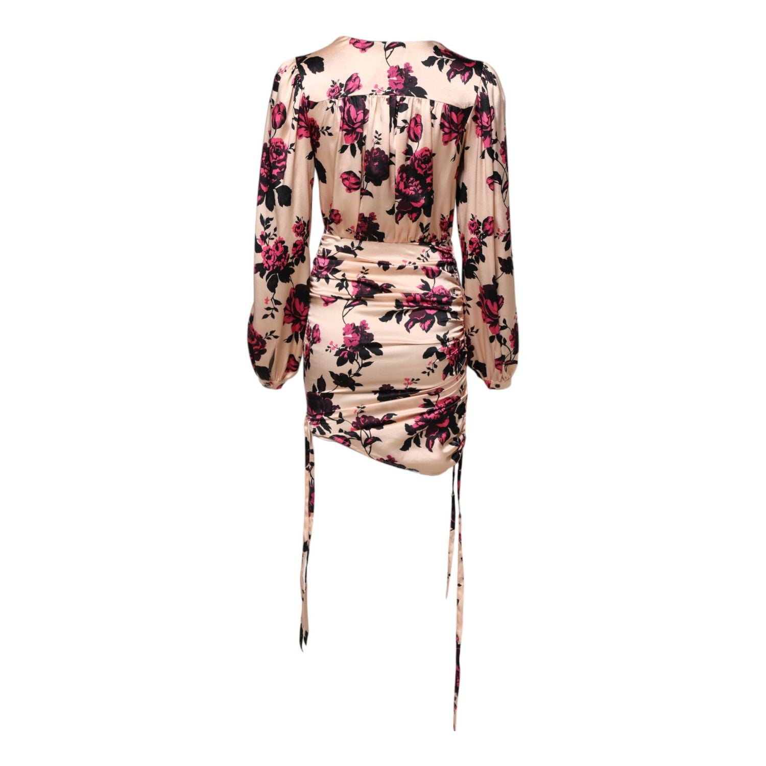 Laneus Pink Floral Silk Long Sleeves V-neck Ruched Mini Dress