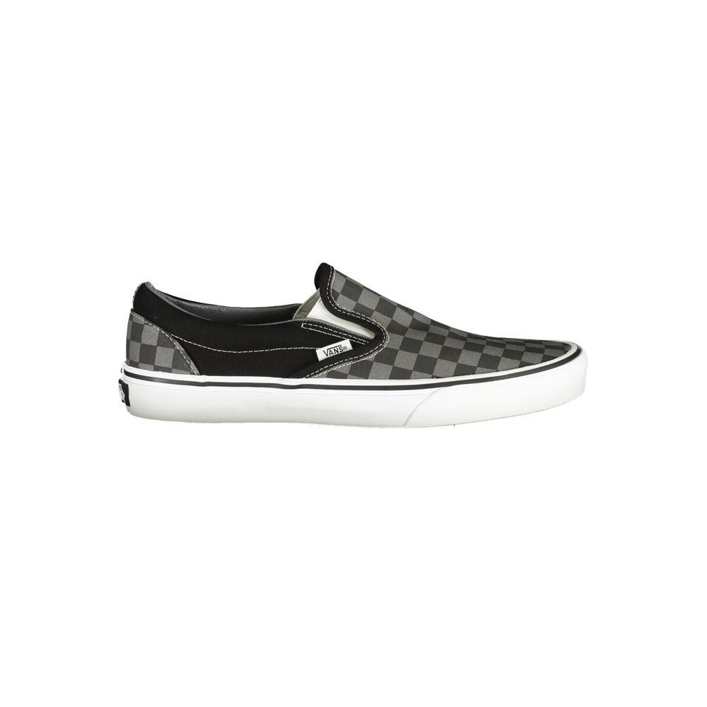 Vans Black Polyester Men Sneaker with black and checked design, iconic slip-on style, and elastic accents for a snug fit.