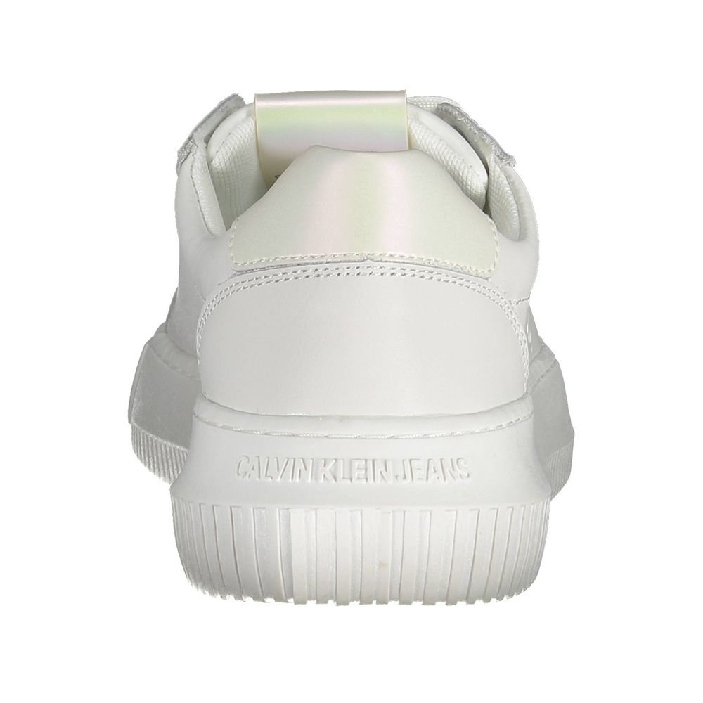 Calvin Klein White Leather Women Sneaker featuring back view with embossed logo, showcasing minimalist design and high-quality craftsmanship.