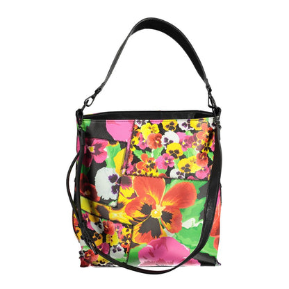 Desigual Black Polyethylene Women Handbag with floral design, removable shoulder handle, and adjustable strap for versatile style.