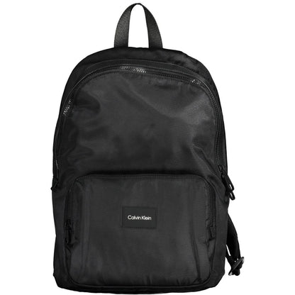 Calvin Klein Black Polyester Men Backpack with bold logo, urban design, adjustable straps, eco-friendly recycled material