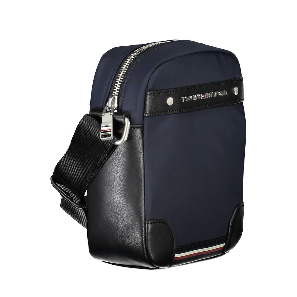Tommy Hilfiger Blue Polyester Men Shoulder Bag with black details and adjustable strap, featuring zip closure for modern style