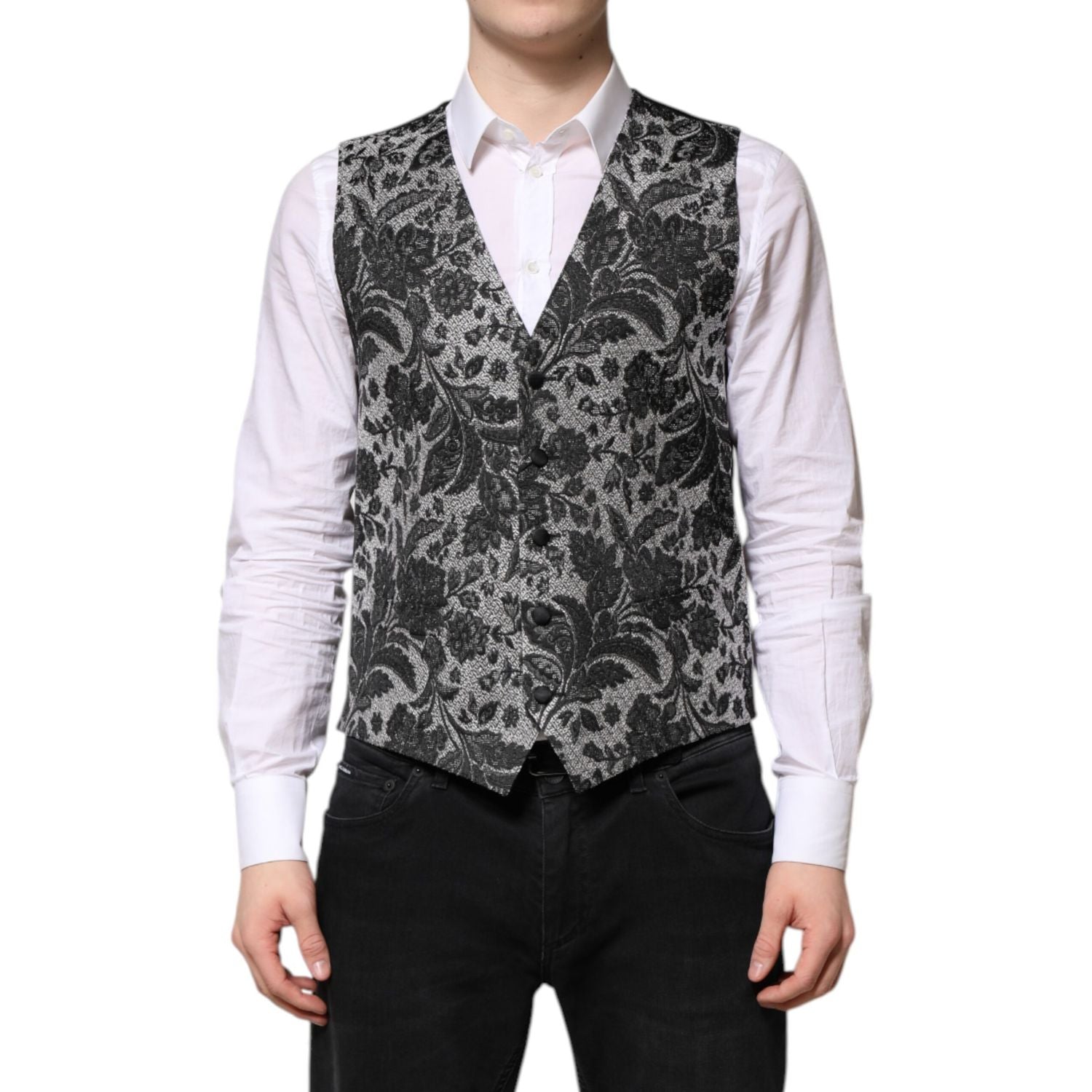 Dolce & Gabbana Black Gray Brocade Formal Men Waistcoat Vest