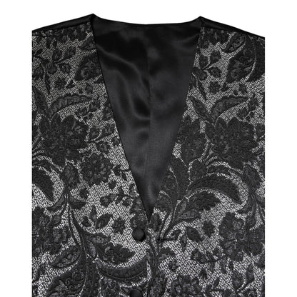 Dolce & Gabbana Black Gray Brocade Formal Men Waistcoat Vest