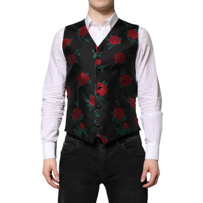 Dolce & Gabbana Red Floral Brocade Formal Men Waistcoat Vest