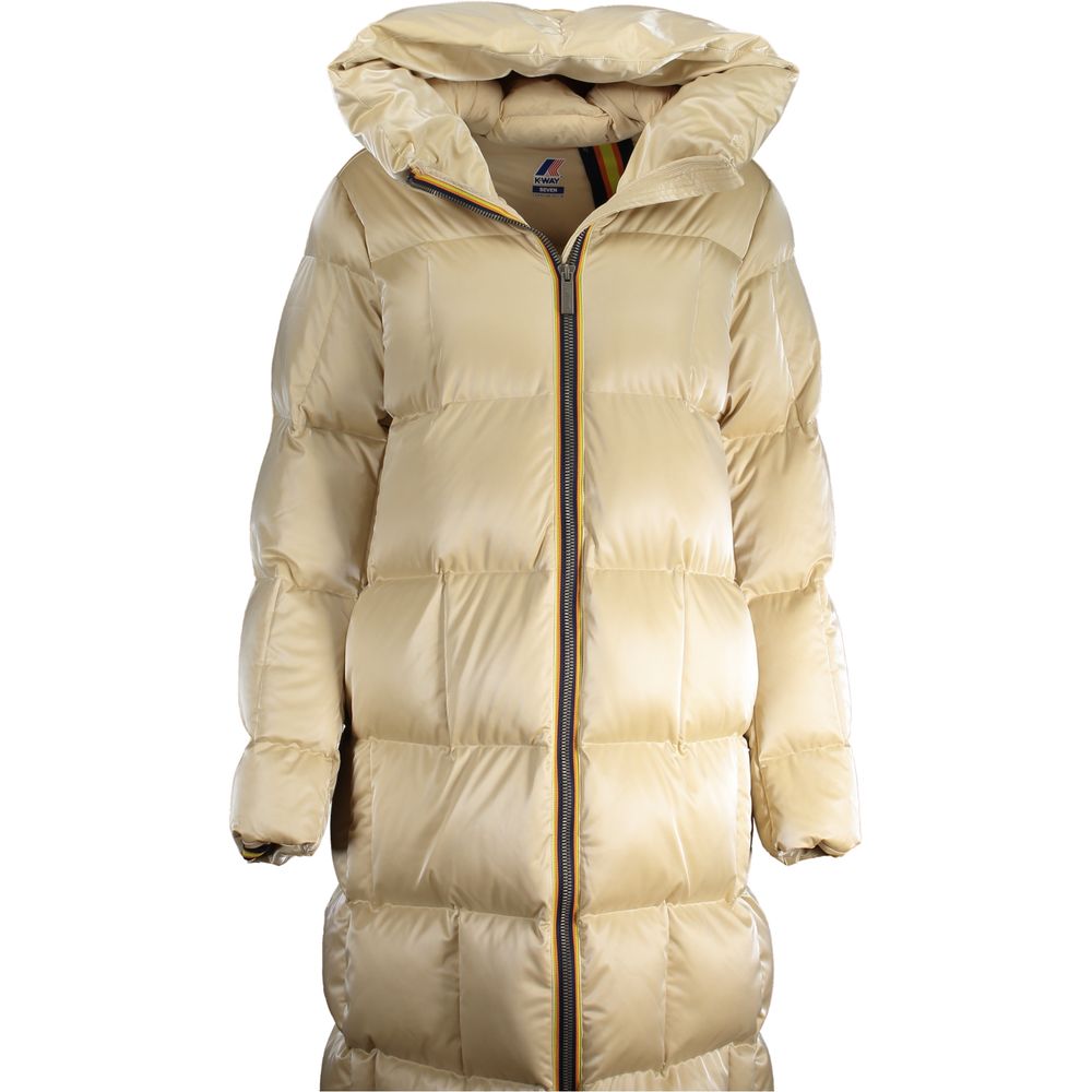 K-WAY Beige Polyester Jackets & Coat with quilted design, hood, and zip closure