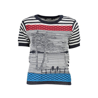 Desigual Blue Cotton Women Sweater with graphic print and stripes, featuring bold artistry and a sumptuous blend, perfect for a vibrant style.