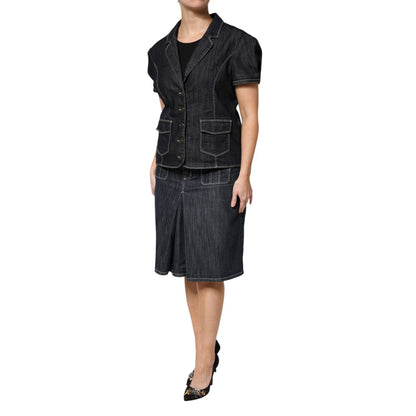 Escada Black Cotton Blend Denim Top Skirt Casual Set