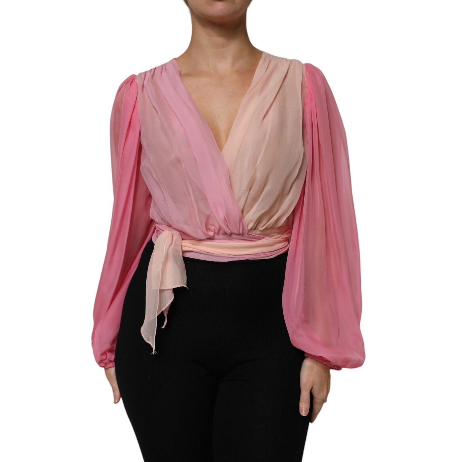 Dolce & Gabbana Pink Plunging V-neck Long Sleeves Blouse Top