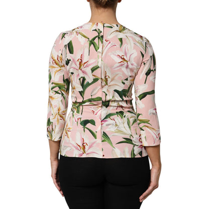 Dolce & Gabbana Pink Lily Print Viscose Round Neck Blouse Top